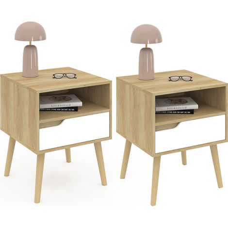 Idmarket – Lot de 2 tables de chevet scandinaves 1 tiroir – Niche bois hêtre et blanc – Dimensions 40x40x50cm – Pieds fuselés 22.5cm