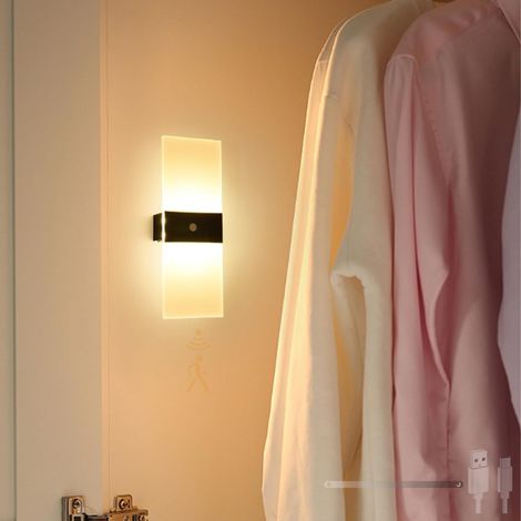 Applique murale LED, veilleuse, détecteur de mouvement 120°, intensité variable, batterie 2200 mAh (noir, 22 cm/lumière chaude 6000 K). (1/5)