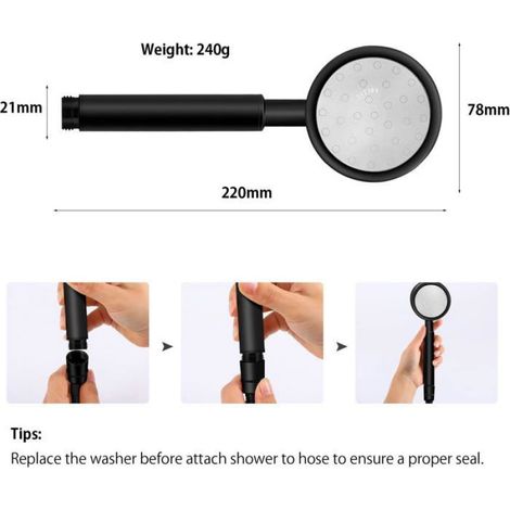 Pommeau De Douche - Acier Inoxydable 304 - Haute Pression 200% - Économie D Eau Jusqu À 60% - Filtre Intégré - Installation Facile G 1/2 - Noir ×1 (1/5)