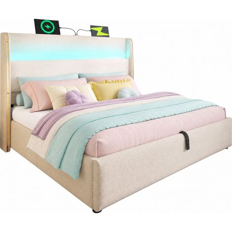 CHICFURN Lit coffre hydraulique avec tête de lit haute LED et ports USB Type C 140 x 200 beige (1/5)