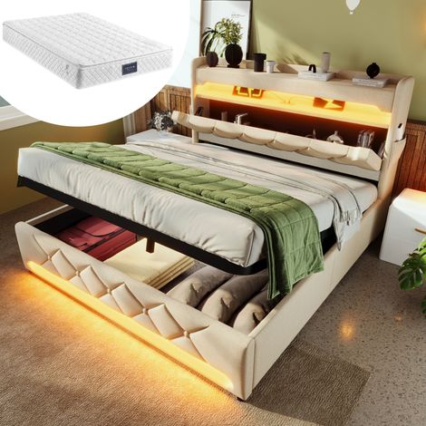 DESVIAE Lit double rembourré 140 x 200 cm avec matelas sommier de rangement hydraulique tête de lit avec USB Type C LED 360 degrés beige en lin (1/5)