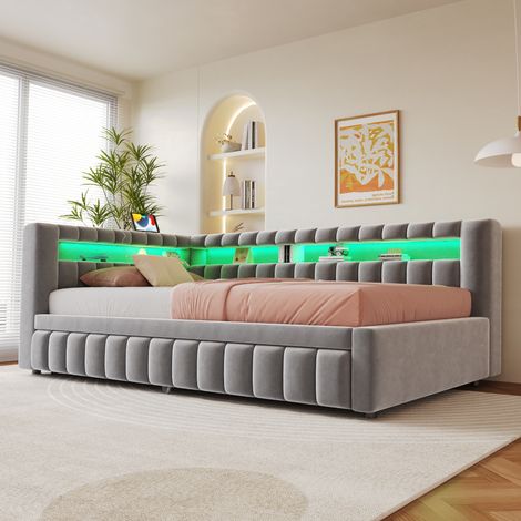 Lit adulte 90 x 200 cm, lit gigogne, étagères ouvertes, éclairage LED, ports USB et USB-C, sommier à lattes inclus, velours, gris (1/5)