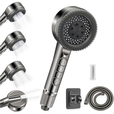 Pommeau de douche haute pression, pommeau de douche économique en eau avec 4 jets, traitement anticalcaire, flexible de douche de 1,5 m avec support, gris (1/5)