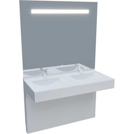 Cuisibane – Meuble double vasque PMR 120 cm avec miroir lumineux LED – Finition laquée blanc brillant – Hauteur 105 cm – Siphon déporté recommandé - ht105 (1/5)