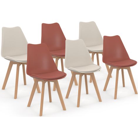 Idmarket – Lot de 6 chaises scandinaves – Assise en polypropylène – Pieds en bois d'hévéa – Coloris terracotta et beige (1/5)