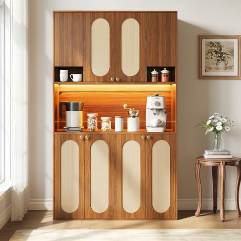 Credenza alta 106/40/178 cm naturale con 8 ante, inserti in rattan PE e LED regolabile (1/5)