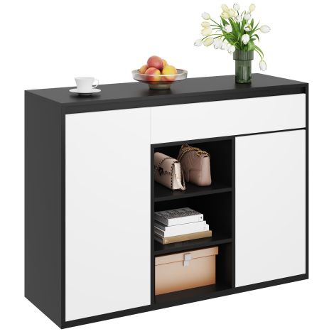 Meuble à chaussures à deux portes et un tiroir, avec étagères réglables et éclairage LED — Design moderne noir et blanc, idéal pour les entrées ou les halls. (1/5)