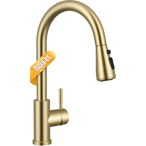 Robinets de Cuisine, Robinet Mitigeur Évier avec Pivotant 360° et Bec Extractible, Robinet Évier Haute Arche à Une Seule Manette en Acier Inoxydable, Or Brossé