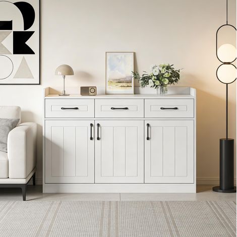 Buffet 120x35x80 cm blanc en panneaux de particules avec 3 tiroirs, 3 portes et étagères réglables (1/5)