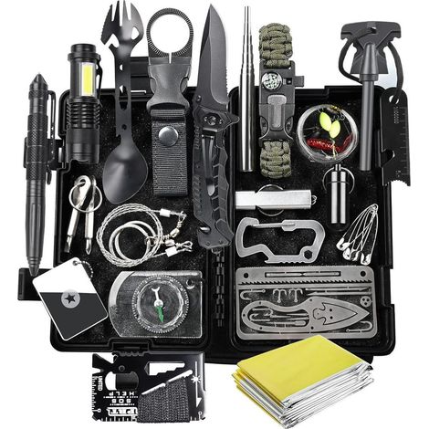 Kit de survie 21 en 1 pour extérieur, randonnée, camping, avec lampe torche et boussole (1/5)