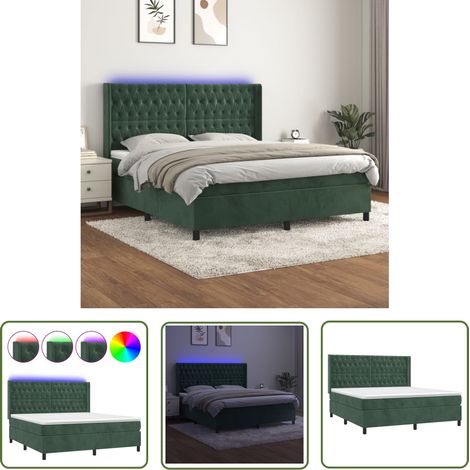 The Living Store Boxspringbett mit Matratze & LED Dunkelgrün 180x200 cm Samt - Boxspringbett - Doppelbett - Samtbett - Luxusbett - Bettenrahmen