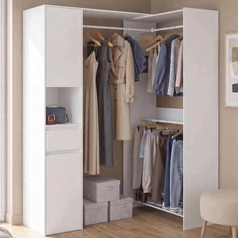 Armario esquinero modular, 145/203 cm de largo, modelo MELMAN: tres barras para colgar, puertas, un cajón y estantes, color blan (1/5)