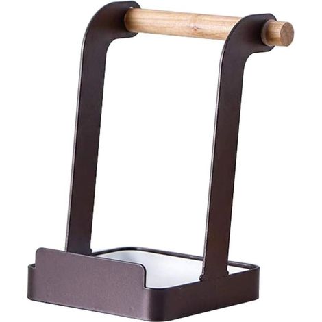 Porte Couvercle de Casseroles Support de Couvercle Pot et de Cuillère en Métal et en Bois Etagère à Spatule de Cuisine (Noir)-Fei Yu (1/5)
