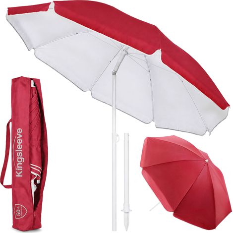 Kingsleeve Sonnenschirm 180 - 200cm UV Schutz 50+ Neigbar mit Erdspieß Tragetasche Wasserabweisend Strand Garten Strandschirm Balkonschirm Gartenschirm rot - 200cm