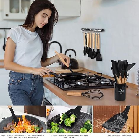 Ustensiles de Cuisine en Silicone, 12 PCS Accessoire Cuisine Set sans BPA, Kit d'Ustensiles de Bois, Antiadhésive Set avec Pot de Rangement, Noir (1/5)