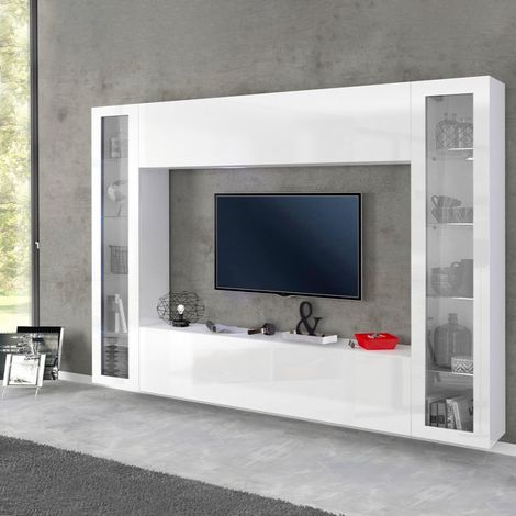 Ahd Amazing Home Design – Ensemble de meubles de salon moderne – Meuble TV suspendu 180x40cm – 2 vitrines 40x180cm – Bois plaqué FSC laqué blanc brillant (1/5)