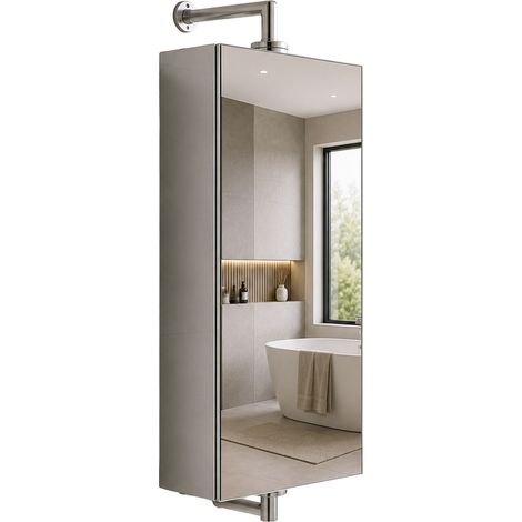 Relaxdays swivel mirror cabinet, 3 open shelves, wall-mounted, HxWxD: 60x25x12 cm, stainless steel, silver (1/5)