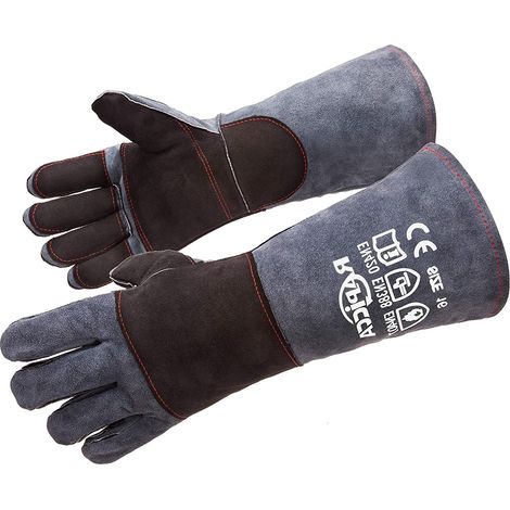 Heat Resistant Leather Fireplace Gloves,16 Inch,Dark Grey  For wood stove, campfire, barbecue, oven, coal, cast iron, MIG and arc welding, forging, dry ice (1/5)