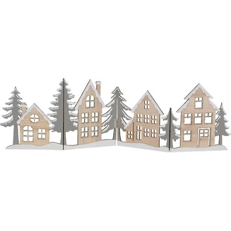 Deko Häuserzeile aus Holz klappbar 60 x 16 cm - grau / gold - Weihnachtsstadt Silhouette zur Tischdekoration - Weihnachtsdeko Tischdeko für Weihnachten Weihnachtsstadt Skyline
