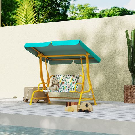 Balancelle enfant 2 places avec auvent réglable, harnais de sécurité pour 3-6 ans, supporte 60 kg, dimensions 112x75x120 cm, vert, pour jardin. (1/5)