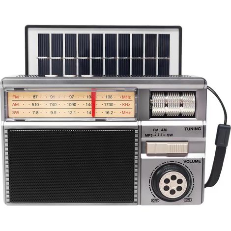 Radio multifonctionnelle AM/FM/SW : Bluetooth, lecture carte TF/USB, recharge solaire – Portable pour extérieur,Argenté (1/3)