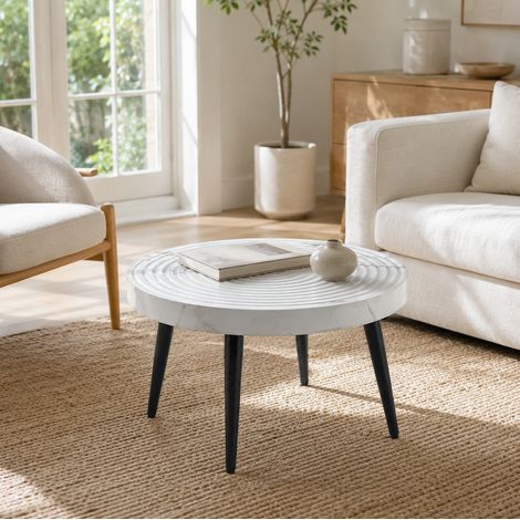 Mesa de centro redonda de 60×60 cm con tablero de 5 cm de grosor, patas de metal negro, mesa auxiliar para sofá, acabado blanco (1/5)