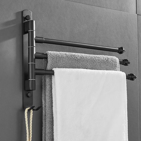 Porte-serviettes mural - Rotatif - Aluminium noir mat - 3 bras - Installation facile