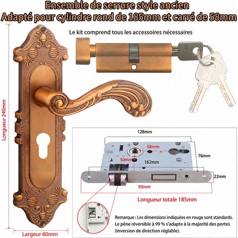 Serrure à poignée encastrée 58 mm, ensemble complet bronze antique 185 5850 300 g – Livraison gratuite