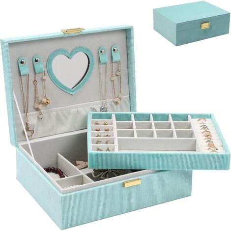 Boîte à bijoux pour femmes et filles, boîte de rangement de bijoux, grande boîte à bijoux en velours à 2 niveaux pour bagues, colliers, bracelets, montres, boucles d'oreilles (vert)