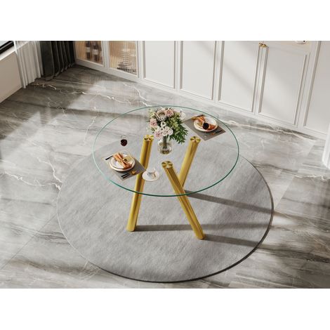 Mesa de comedor redonda con patas metálicas doradas, tapa de cristal templado, 89x89x76 cm (1/5)