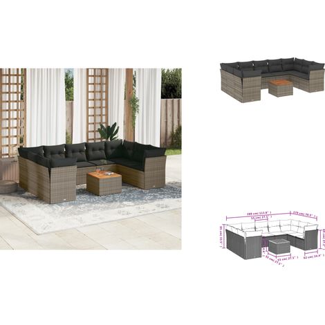 10-tlg. Garten-Sofagarnitur mit Kissen Grau Poly Rattan - Gartensortiment - Outdoor Möbel - Lounge Set - Gartenlounge - Rattan Gartenmöbel
