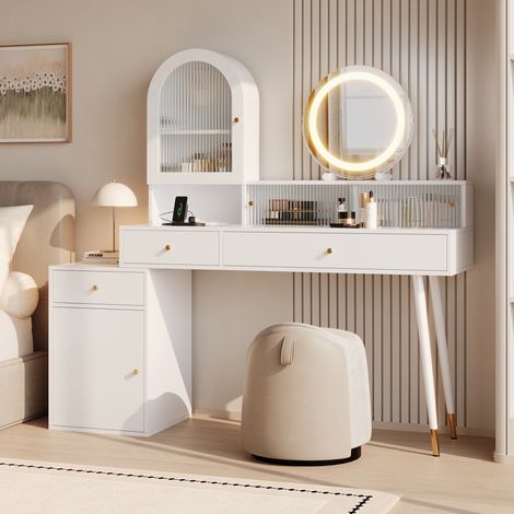 Toeletta con specchio led - 140x40x140 cm estensibile a l tavolo da trucco con prese usb e cassetti mdf vetro - Bianco (1/5)