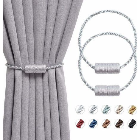 Set aus 2 handgefertigten, 40,6 cm langen magnetischen Vorhanghaltern aus seitlichem Seil, praktisch und dekorativ für Fenstergardinen in Wohn- und Büroräumen (grau) (1/4)