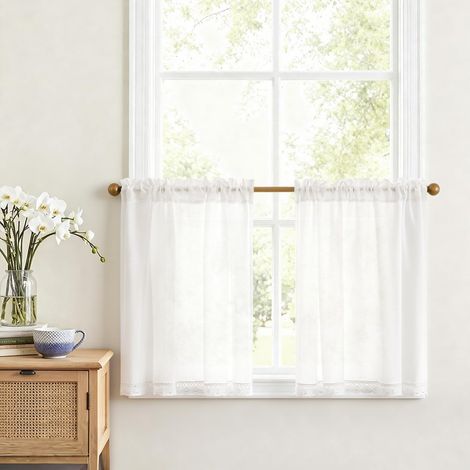 Rideau Cuisine Blanc pour Fenetre Salon Chambre, 90L x 60H cm 2 Pièces, Dentelle Petit Enfant Rideau sous evier Court Boheme Ruflette pour Placard Intérieur Dressing Moderne, Polyester et Lin (1/5)
