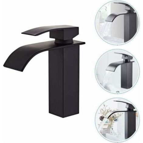 Robinet Salle de Bain et Deux Tuyaux d\'Entrée, Robinet Lavabo avec Eau Froide & Chaude Disponible, Design Moderne de Cascade Robinet Lavabo, Conception Durable de Corps de Valve de Cuivre Noir