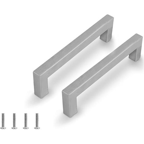2 Pièces Poignée de Meuble Cuisine Argent Brossé Entraxe 128mm, Poignée Placard Acier Inoxydable, Poignet de Porte Cuisine pour Armoire Tiroir, Poignée Cuisine avec 4 Vis, Design Moderne Carré (1/5)