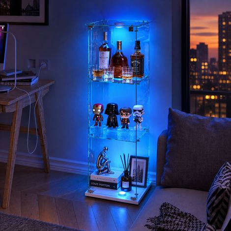 JOOKGBD–Vetrina in Vetro con LED,3 Ripiani,1 Anta con Serratura,Armadio per Collezione,per Soggiorno,Bar,Ufficio,Bianco
