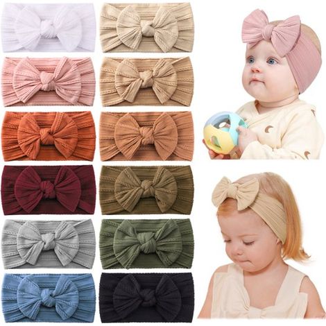 Confezione da 12 fasce per capelli da bambina (0-3 anni) - Fasce larghe e morbide con fiocco - Fasce elastiche adatte a neonate e bambine piccole (1/5)