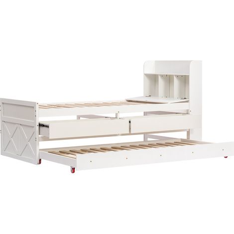 Letto singolo in legno 90x190 cm con letto estraibile, 2 cassetti, mensola comodino e USB, bianco (1/5)