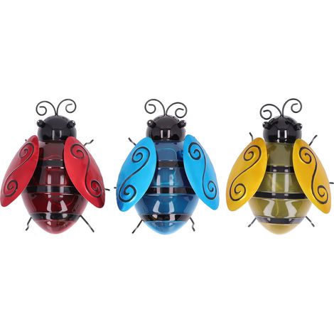 Ortviai Lampes solaires en forme d'abeille – 3 pièces (rouge, jaune, bleu), décoration extérieure en fer peint, jardin, balcon, pelouse
