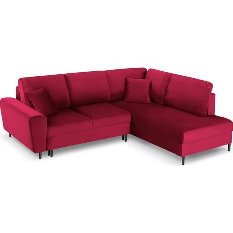 Canapé d'angle droit convertible + box 5 places en velours rouge (1/5)