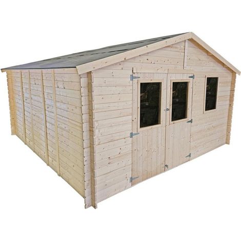 Casetta in legno da giardino 396x494 cm – Pareti 25 mm – Porta doppia finestrata – Tetto OSB – Abete naturale (1/3)