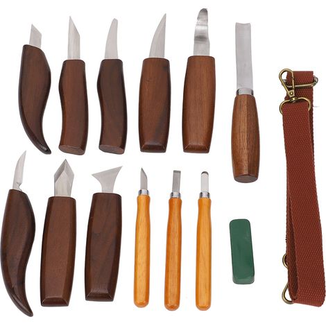 Outils de sculpture sur bois, poignée à insert profond, kit de sculpture manuelle pour bois haute dureté avec sac de rangement en cuir pour l'artisanat (1/5)