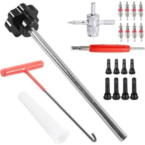 Coffret d'outils pour valves de pneu 21 pièces, métal et plastique, avec extracteur de valve, crochet, outil auxiliaire et gants, pour voiture, camion et moto (noir et rouge) (1/4)