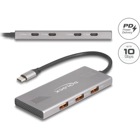 Delock Concentrador USB 10 Gbps de 7 puertos con 4 USB Type-Câ¢ hembra y 3 USB Tipo-A hembra con PD 80 W