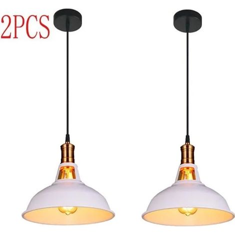 Lot de 2 E27 Suspension Rétro Luminaire Industrielle en Métal Installation pour Eclairage Cuisine Salle à manger Salon - Blanc (1/4)