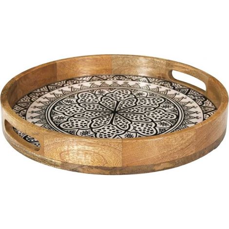 Plateau rond en bois de manguier avec motif mandala noir (Ø35cm) - MANGO