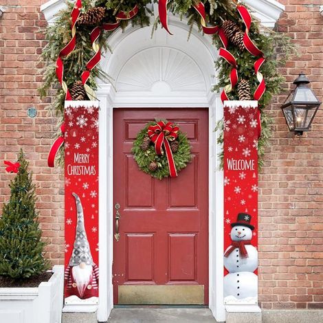Bannières Porte Noël 2 pièces, Message Joyeux Noël Bonhomme de Neige, Décoration Extérieure pour Porche, Suspension Maison Rouge (1/5)