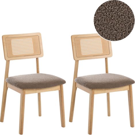 Lot de 2 Chaises de Salle à Manger Rétro Bouclé Structure Bois d'Hévéa Laqué Marron Clair et Taupe Embar (1/5)