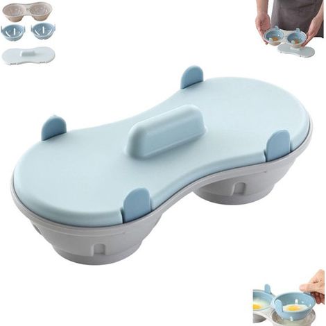 Cocedor de huevos para microondas, Cocedor de huevos doble para desayuno, Azul, Cocedor de huevos, Cocedor de huevos con cesta de drenaje (1/5)